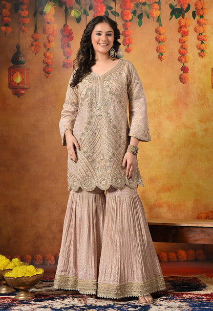 Golden Peach Gharara Set with Dabka, Zardozi, Pearl, and Sequin work.