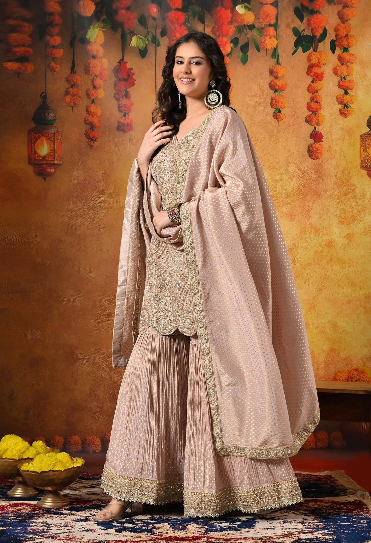 Golden Peach Gharara Set with Dabka, Zardozi, Pearl, and Sequin work.