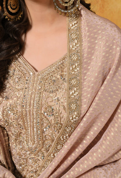Golden Peach Gharara Set with Dabka, Zardozi, Pearl, and Sequin work.