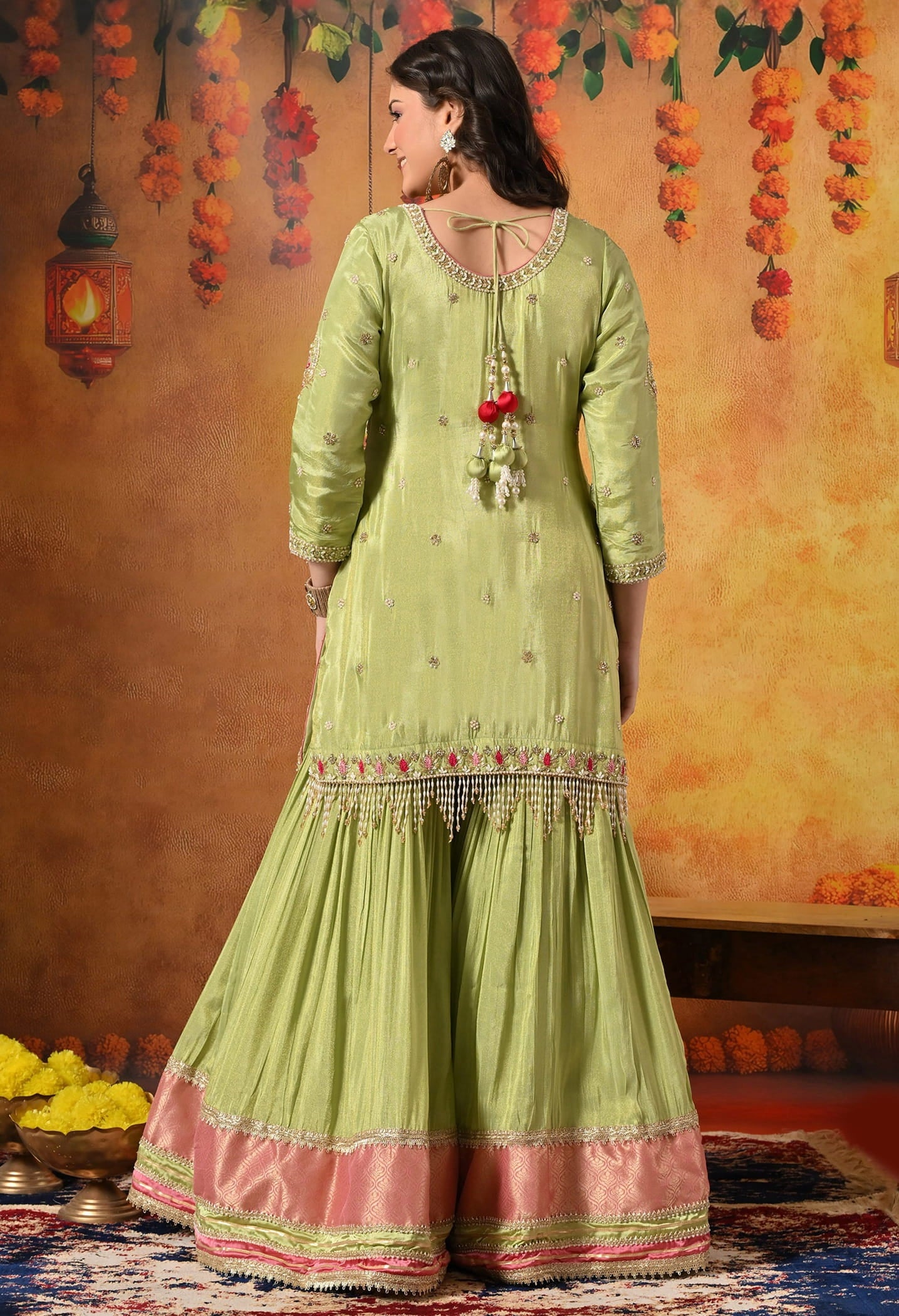 Parrot Green Gharara Set with Zardozi, Dabka, Pearl, Cutdana, and Crystal Embroidery
