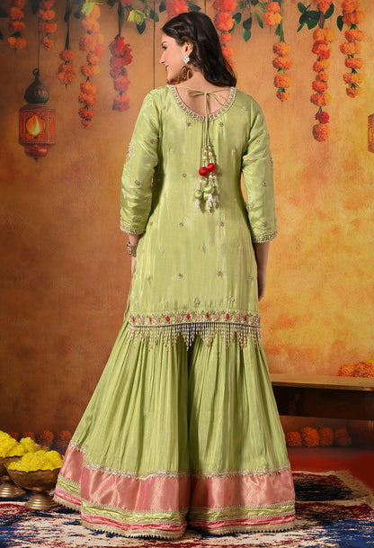 Parrot Green Gharara Set with Zardozi, Dabka, Pearl, Cutdana, and Crystal Embroidery