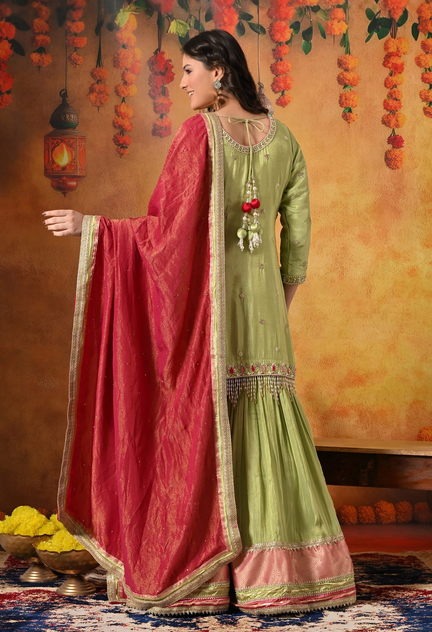 Parrot Green Gharara Set with Zardozi, Dabka, Pearl, Cutdana, and Crystal Embroidery