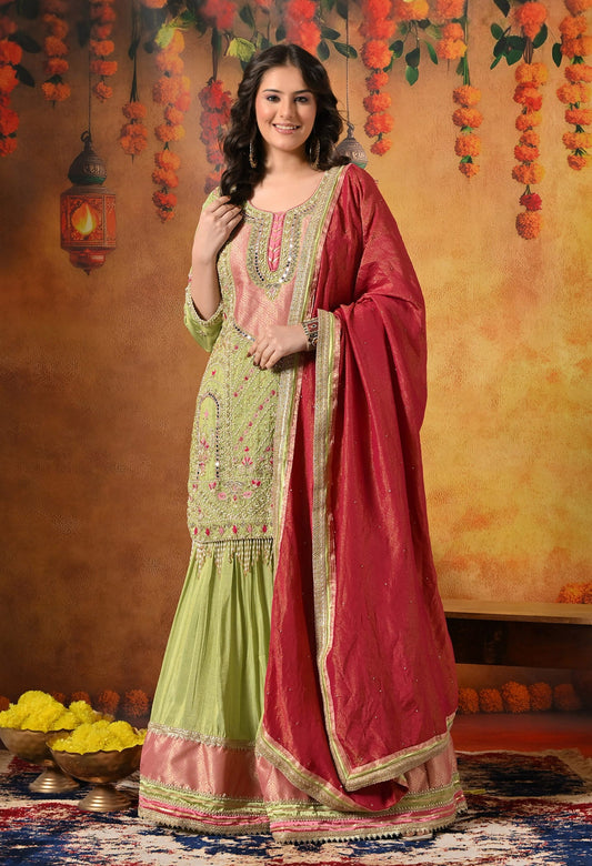 Parrot Green Gharara Set with Zardozi, Dabka, Pearl, Cutdana, and Crystal Embroidery