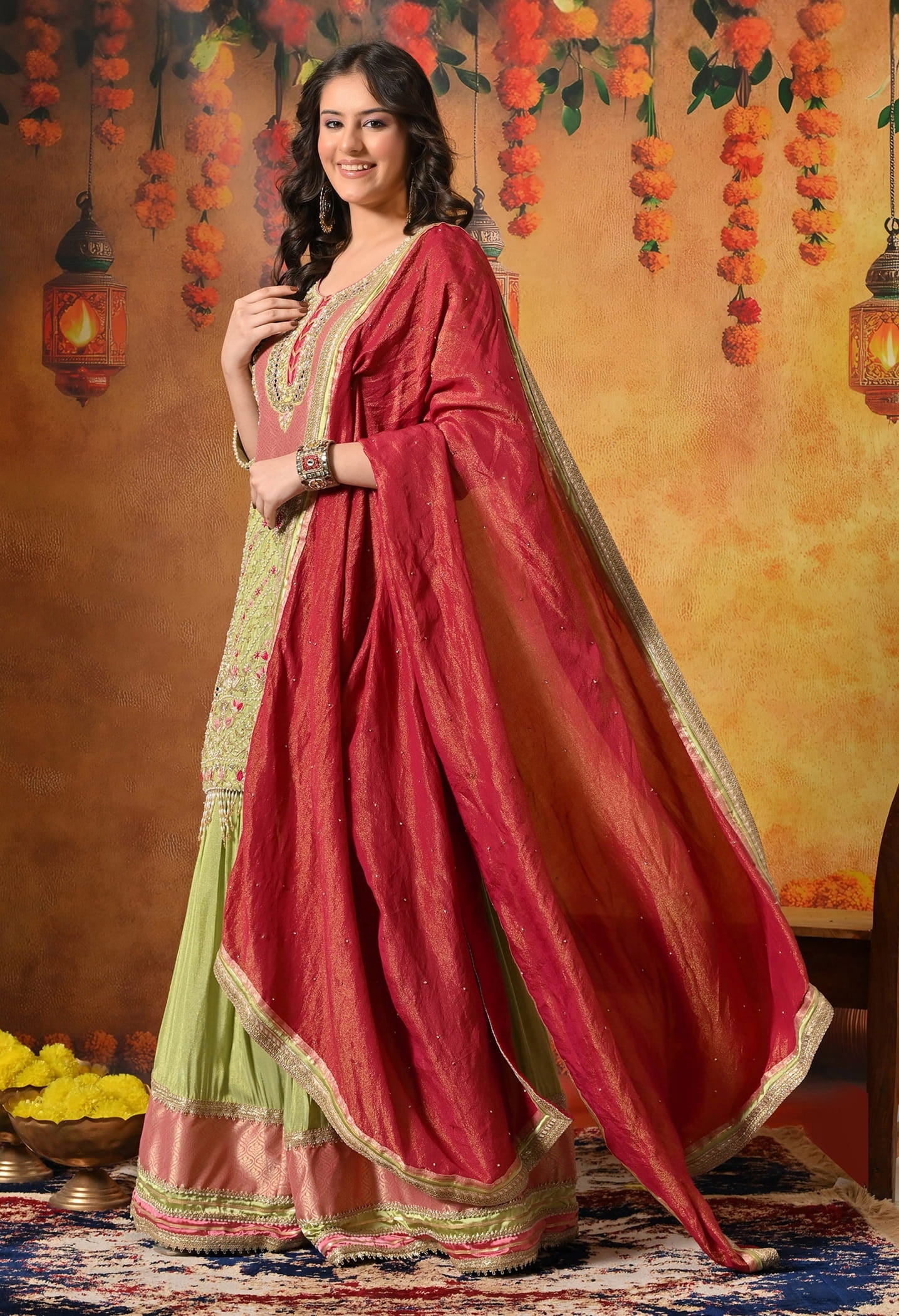 Parrot Green Gharara Set with Zardozi, Dabka, Pearl, Cutdana, and Crystal Embroidery
