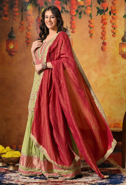 Parrot Green Gharara Set with Zardozi, Dabka, Pearl, Cutdana, and Crystal Embroidery