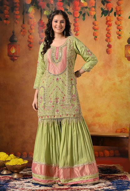 Parrot Green Gharara Set with Zardozi, Dabka, Pearl, Cutdana, and Crystal Embroidery