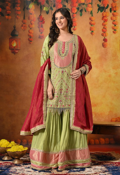 Parrot Green Gharara Set with Zardozi, Dabka, Pearl, Cutdana, and Crystal Embroidery