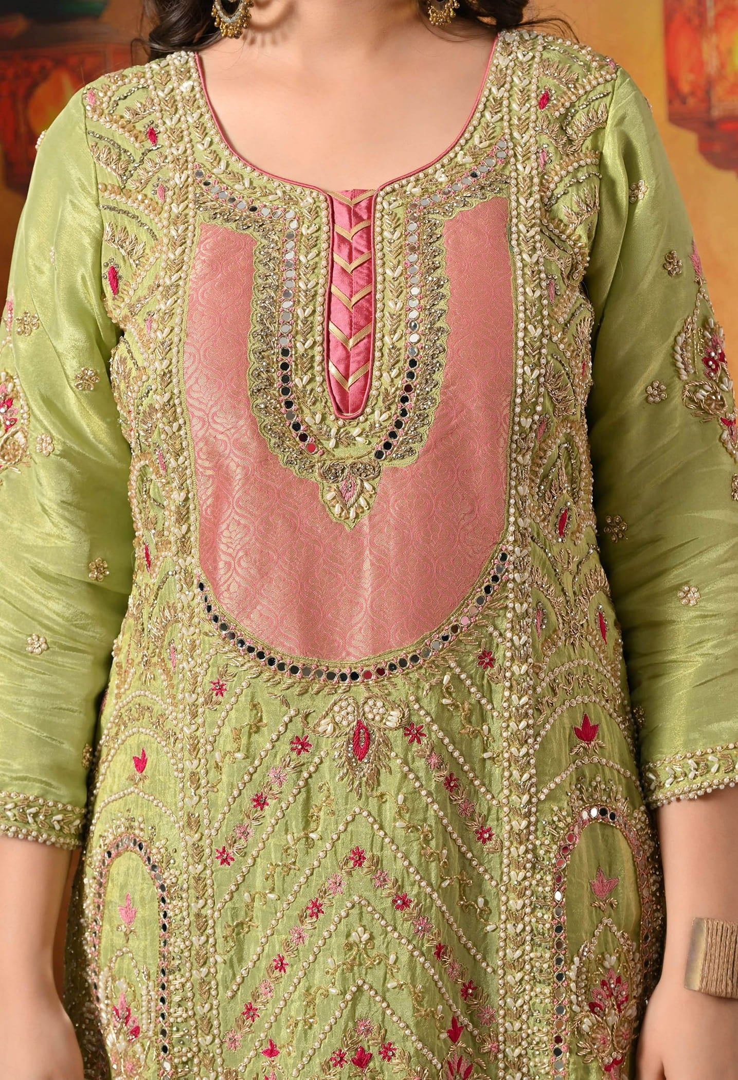 Parrot Green Gharara Set with Zardozi, Dabka, Pearl, Cutdana, and Crystal Embroidery