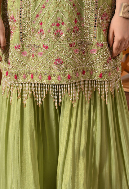 Parrot Green Gharara Set with Zardozi, Dabka, Pearl, Cutdana, and Crystal Embroidery
