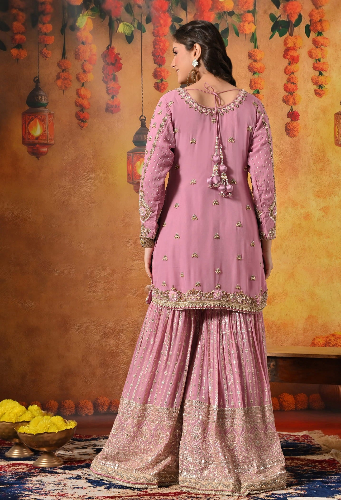 Onion Pink Gharara Set with Zardozi, Pearl, Crystal, and Cutdana work.