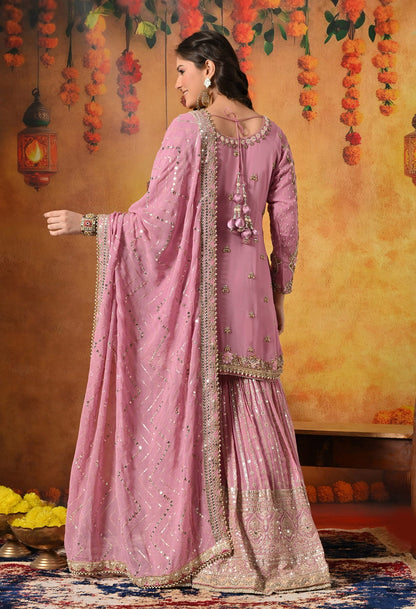 Onion Pink Gharara Set with Zardozi, Pearl, Crystal, and Cutdana work.