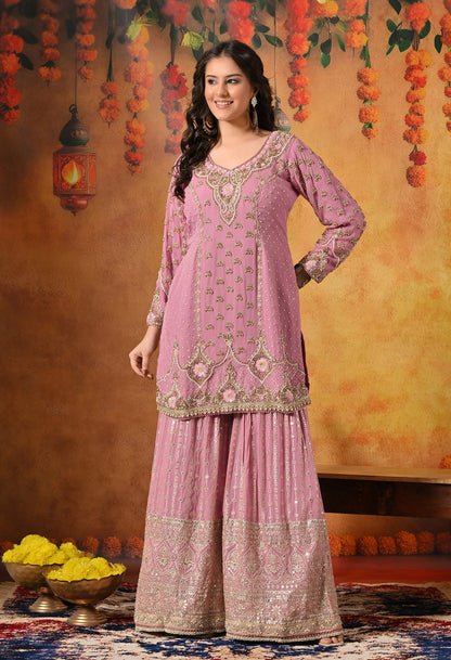 Onion Pink Gharara Set with Zardozi, Pearl, Crystal, and Cutdana work.
