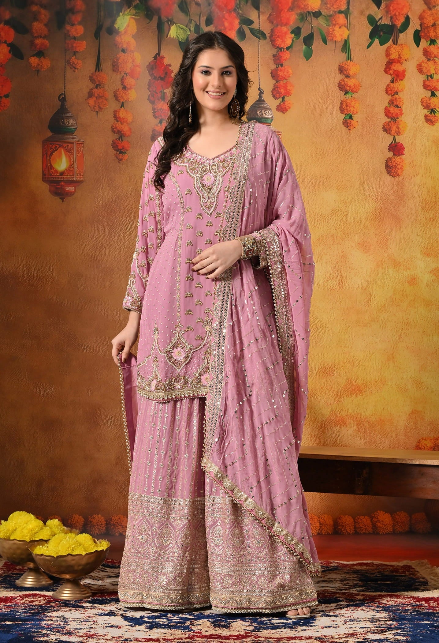 Onion Pink Gharara Set with Zardozi, Pearl, Crystal, and Cutdana work.