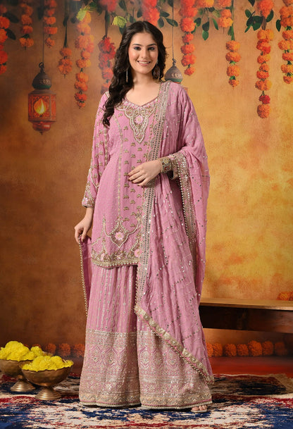 Onion Pink Gharara Set with Zardozi, Pearl, Crystal, and Cutdana work.