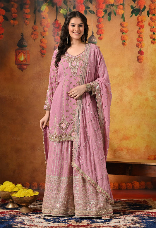 Onion Pink Gharara Set with Zardozi, Pearl, Crystal, and Cutdana work.