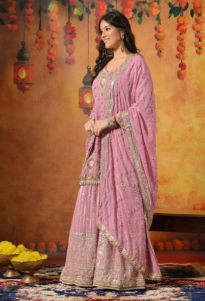 Onion Pink Gharara Set with Zardozi, Pearl, Crystal, and Cutdana work.