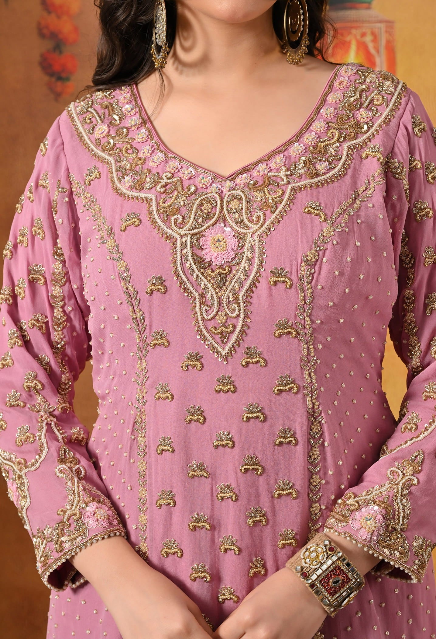 Onion Pink Gharara Set with Zardozi, Pearl, Crystal, and Cutdana work.