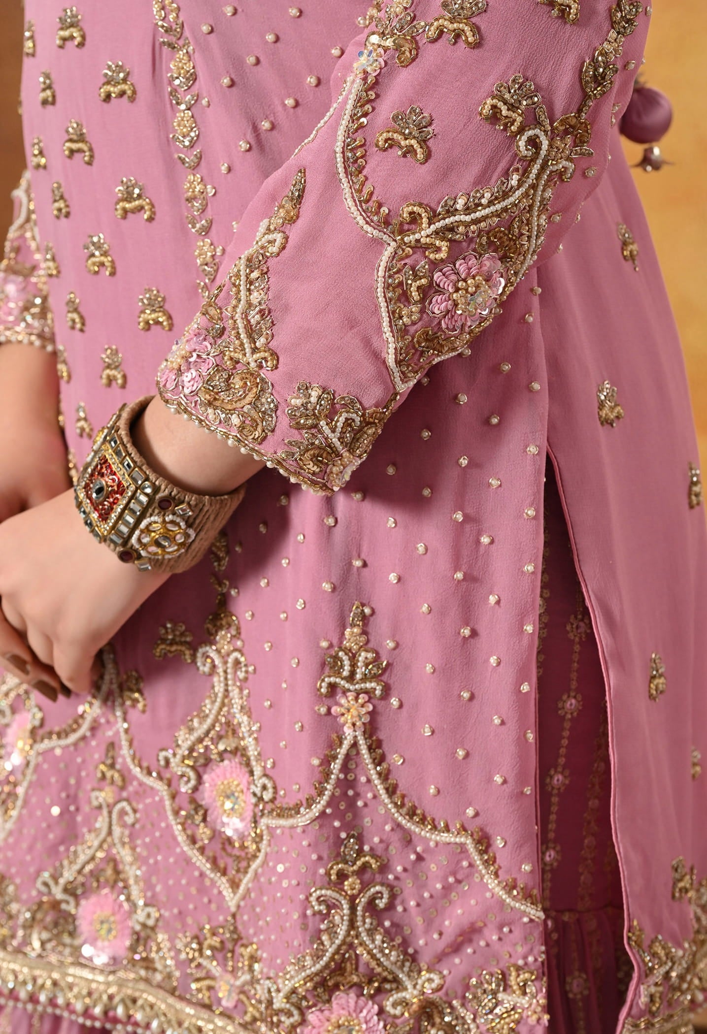 Onion Pink Gharara Set with Zardozi, Pearl, Crystal, and Cutdana work.