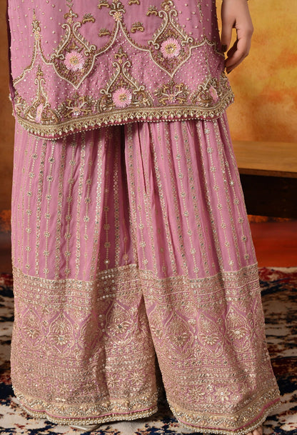Onion Pink Gharara Set with Zardozi, Pearl, Crystal, and Cutdana work.