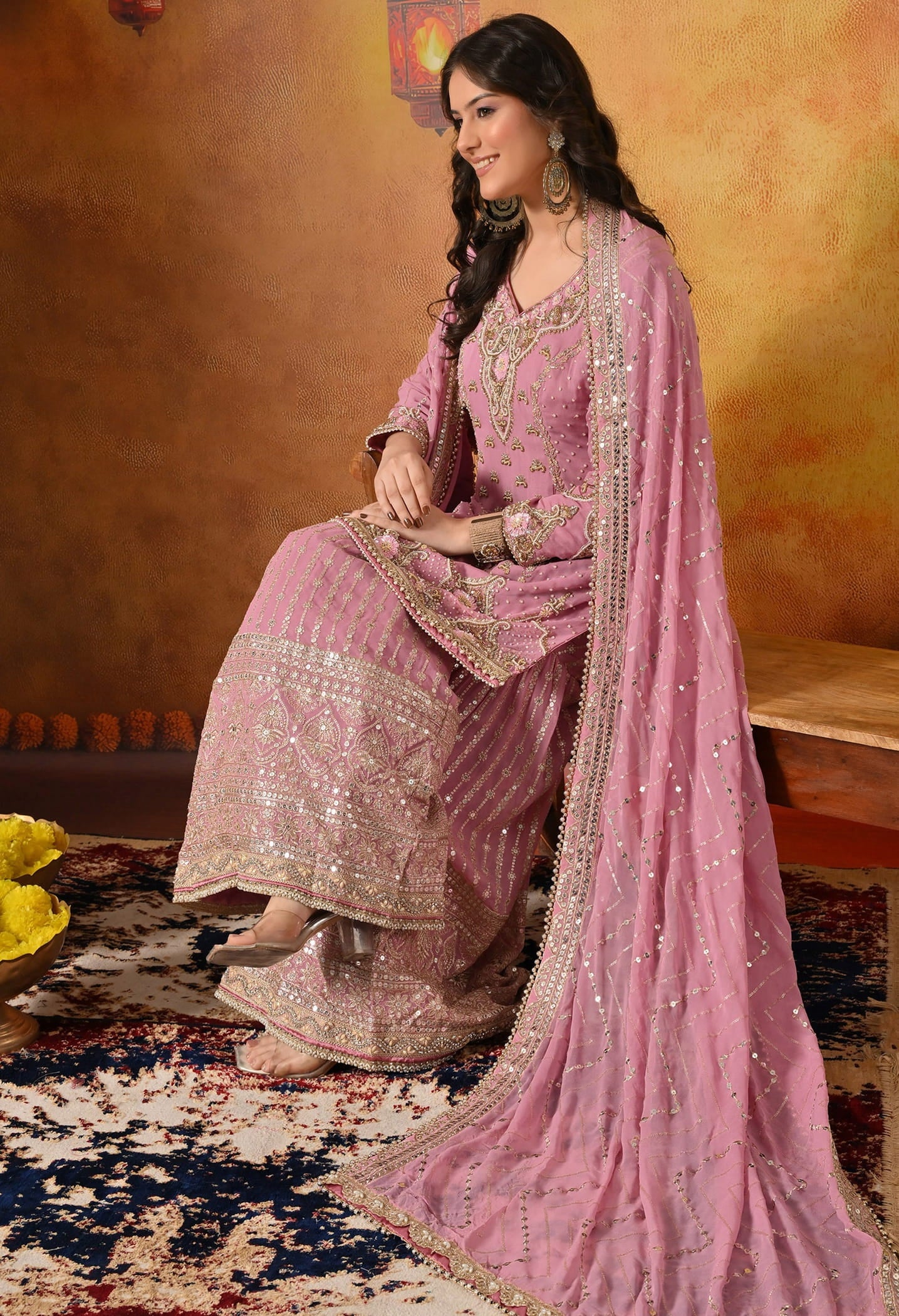Onion Pink Gharara Set with Zardozi, Pearl, Crystal, and Cutdana work.