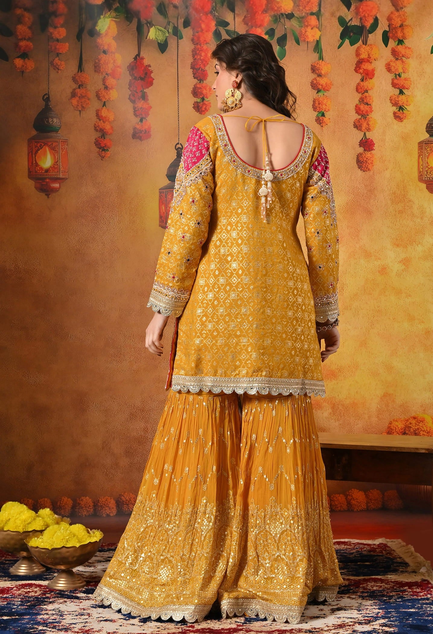 Yellow Gharara Set with Zardozi, Dabka, Sequin, Mirror, and Applique work.