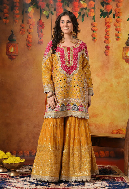Yellow Gharara Set with Zardozi, Dabka, Sequin, Mirror, and Applique work.