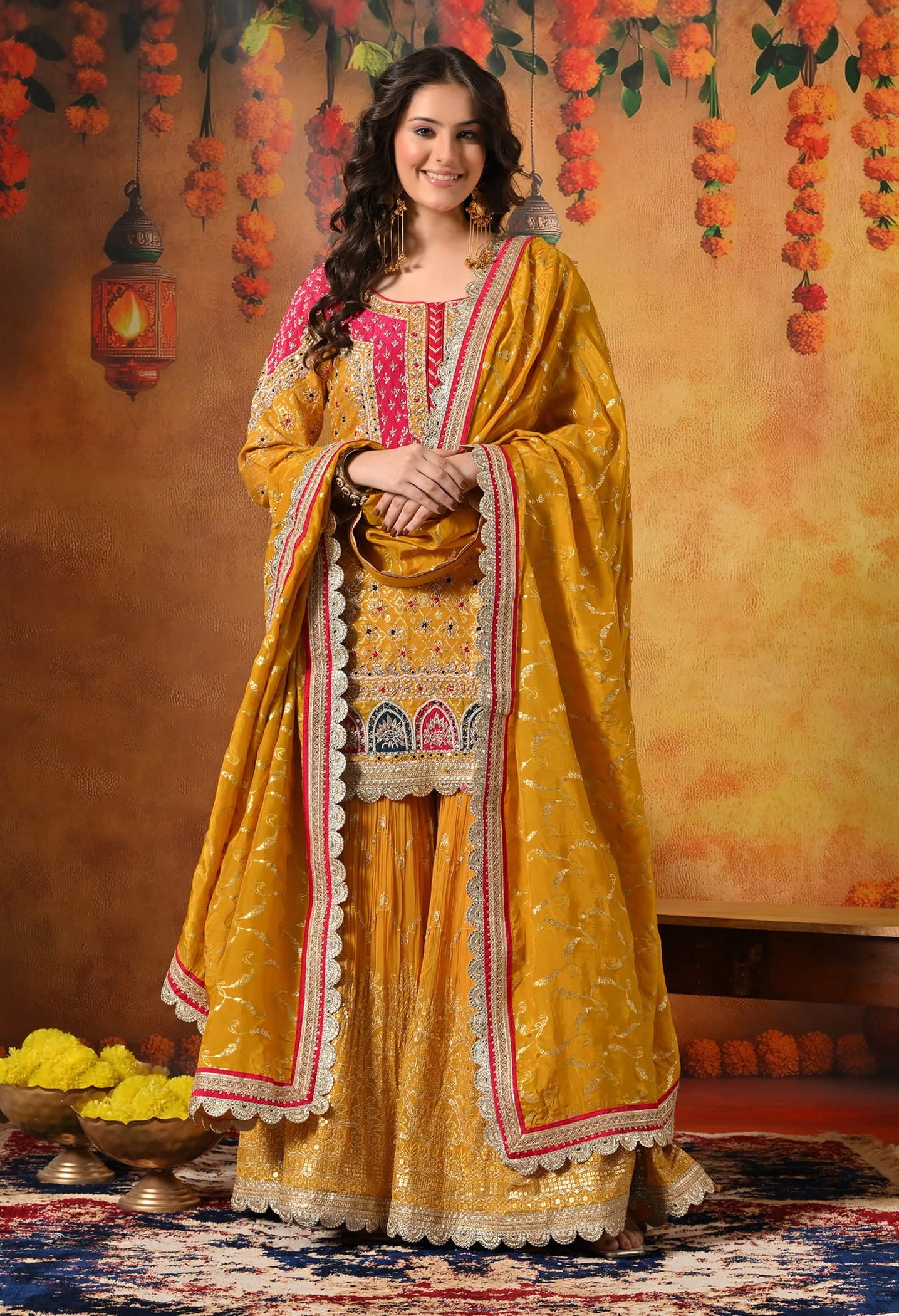 Yellow Gharara Set with Zardozi, Dabka, Sequin, Mirror, and Applique work.
