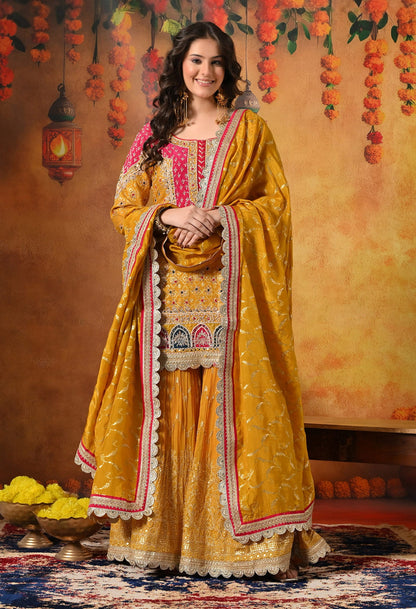 Yellow Gharara Set with Zardozi, Dabka, Sequin, Mirror, and Applique work.