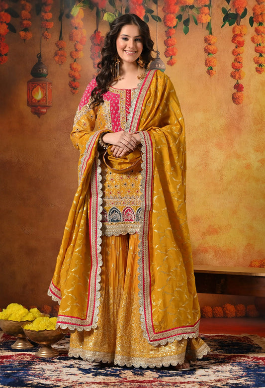 Yellow Gharara Set with Zardozi, Dabka, Sequin, Mirror, and Applique work.