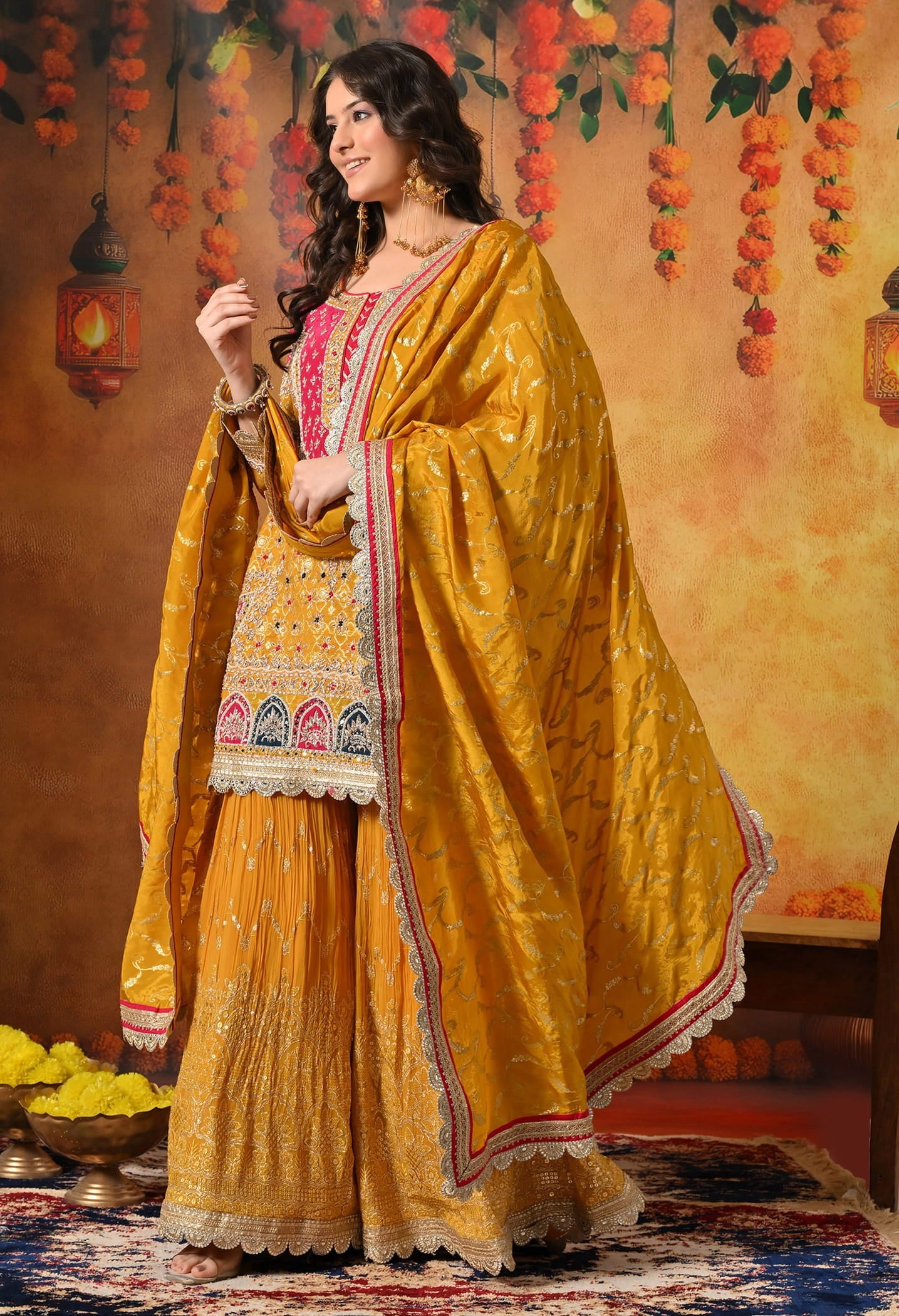 Yellow Gharara Set with Zardozi, Dabka, Sequin, Mirror, and Applique work.