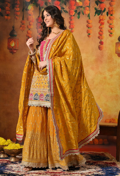 Yellow Gharara Set with Zardozi, Dabka, Sequin, Mirror, and Applique work.