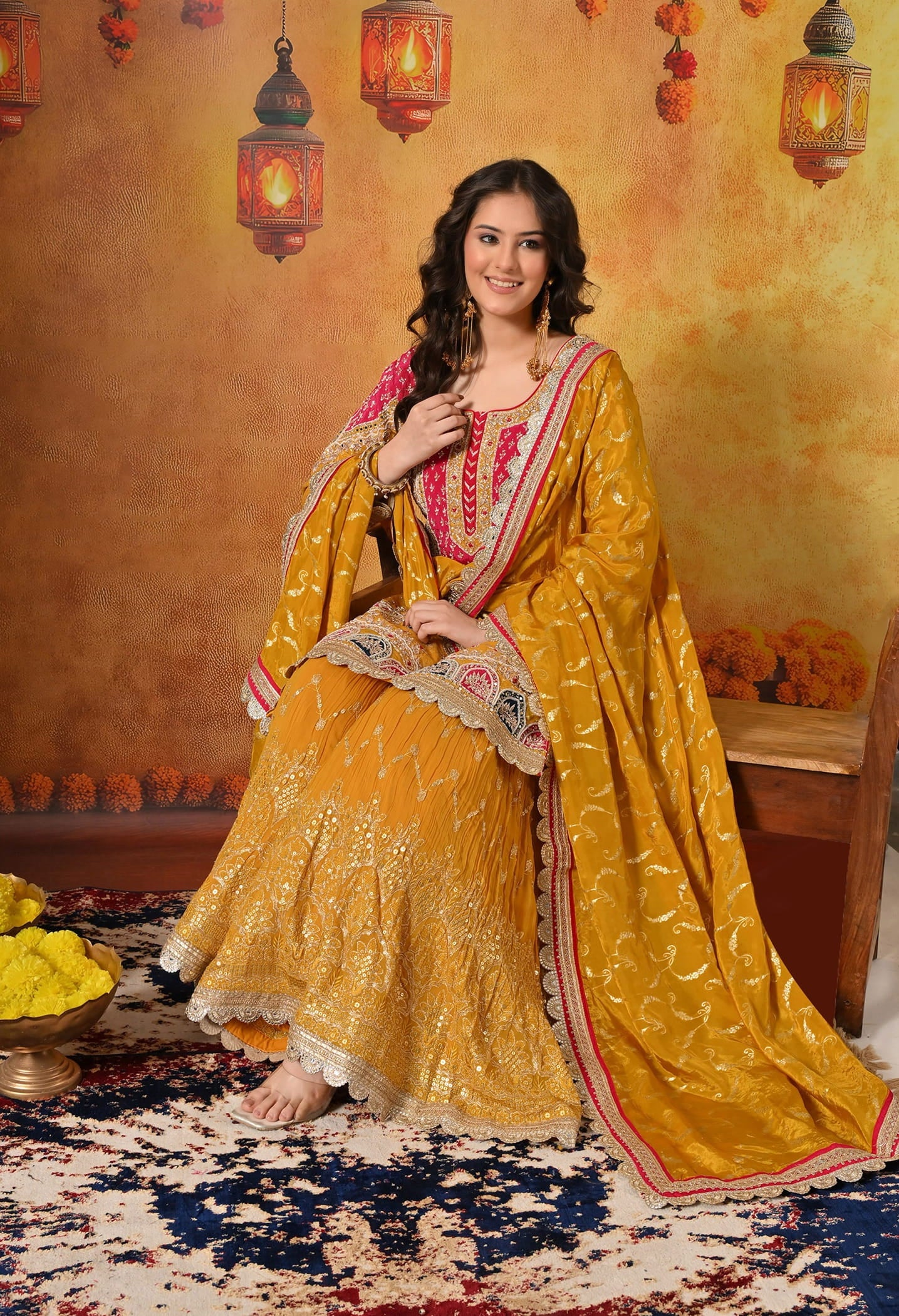 Yellow Gharara Set with Zardozi, Dabka, Sequin, Mirror, and Applique work.