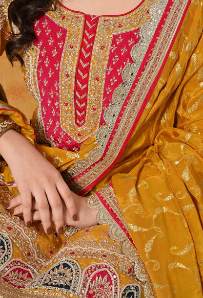 Yellow Gharara Set with Zardozi, Dabka, Sequin, Mirror, and Applique work.
