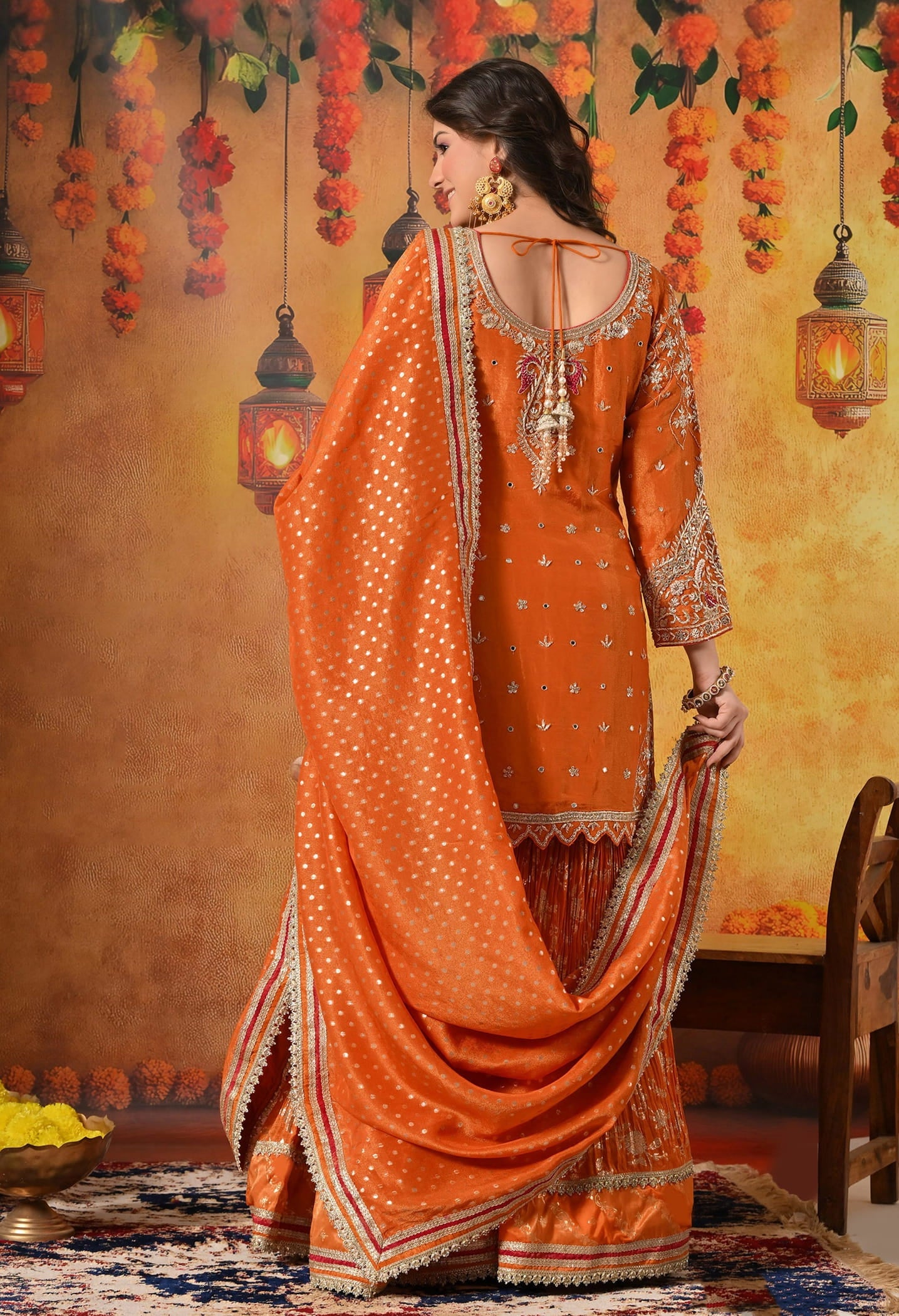 Orange Gharara Set with Zardozi, Dabka, Sequin, Mirror, and Thread Embroidery.