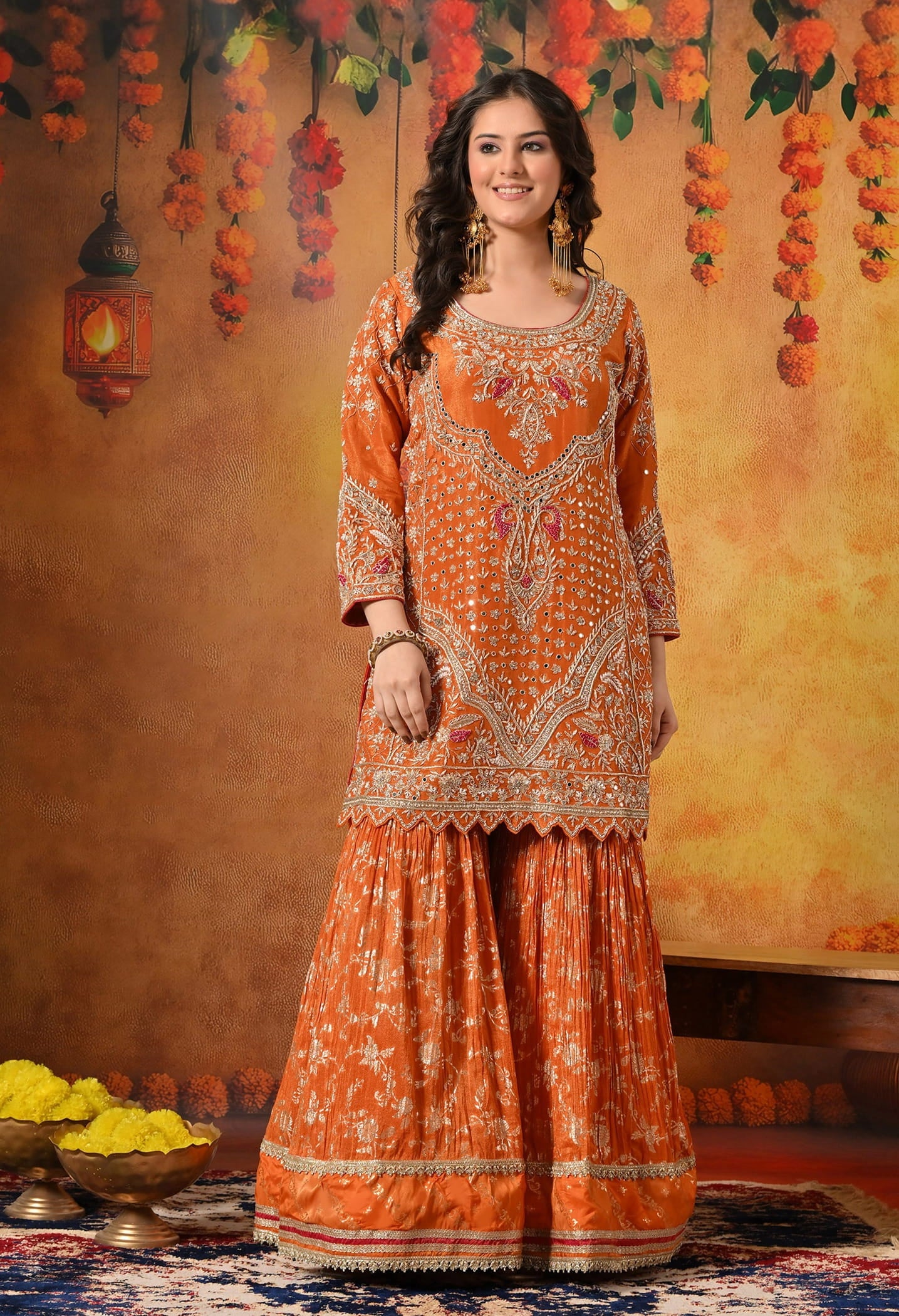 Orange Gharara Set with Zardozi, Dabka, Sequin, Mirror, and Thread Embroidery.
