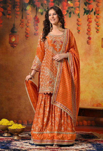 Orange Gharara Set with Zardozi, Dabka, Sequin, Mirror, and Thread Embroidery.