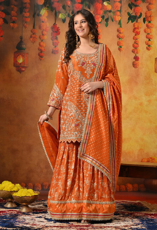 Orange Gharara Set with Zardozi, Dabka, Sequin, Mirror, and Thread Embroidery.