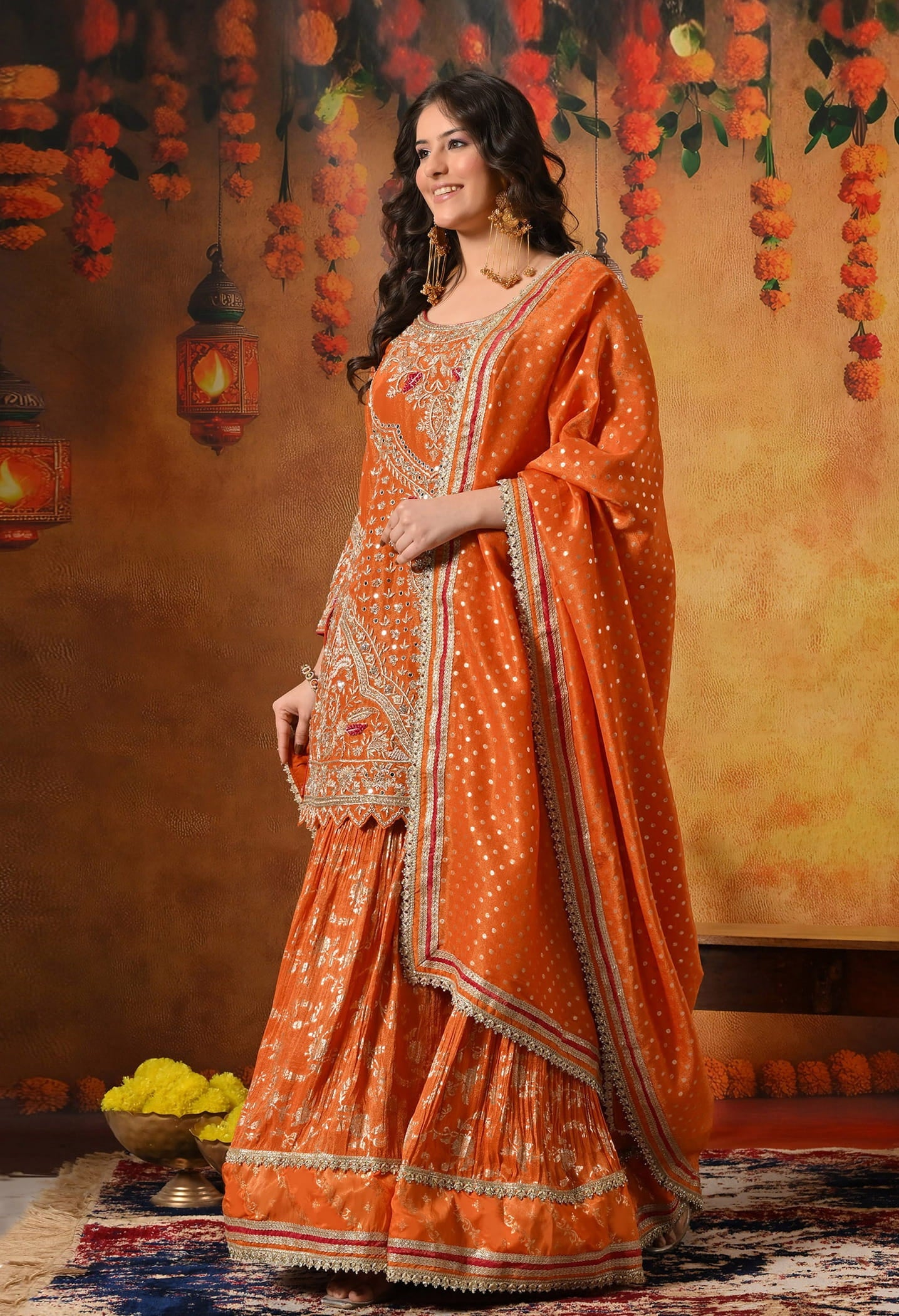 Orange Gharara Set with Zardozi, Dabka, Sequin, Mirror, and Thread Embroidery.
