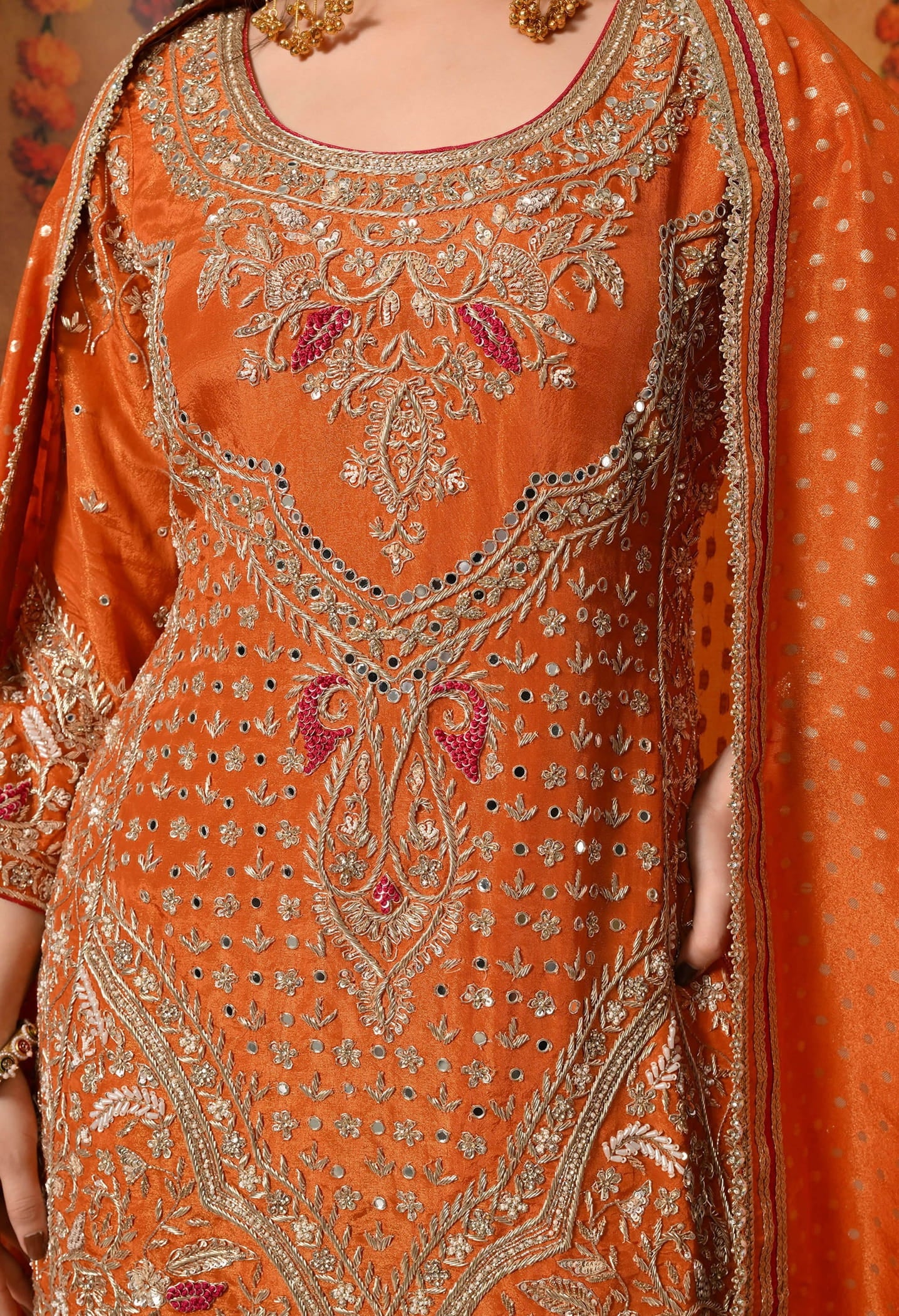 Orange Gharara Set with Zardozi, Dabka, Sequin, Mirror, and Thread Embroidery.