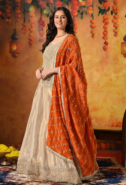 Golden Anarkali Set with Dabka, Zardozi, Pearl, and Sequin Embroidery.