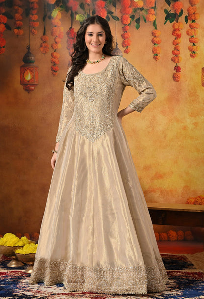 Golden Anarkali Set with Dabka, Zardozi, Pearl, and Sequin Embroidery.