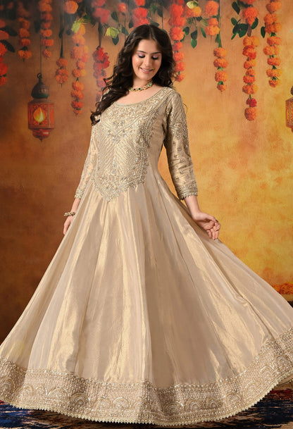 Golden Anarkali Set with Dabka, Zardozi, Pearl, and Sequin Embroidery.
