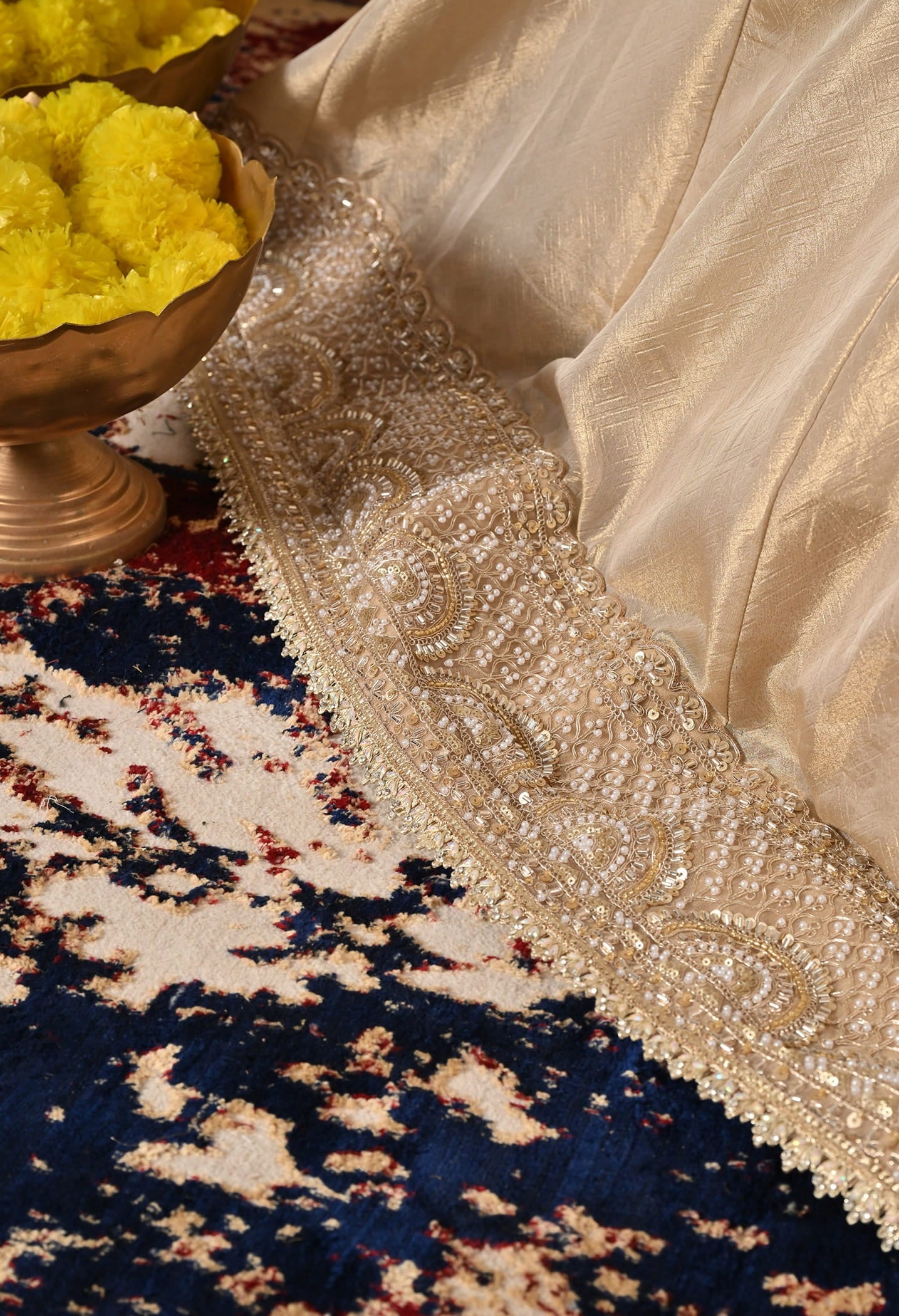 Golden Anarkali Set with Dabka, Zardozi, Pearl, and Sequin Embroidery.