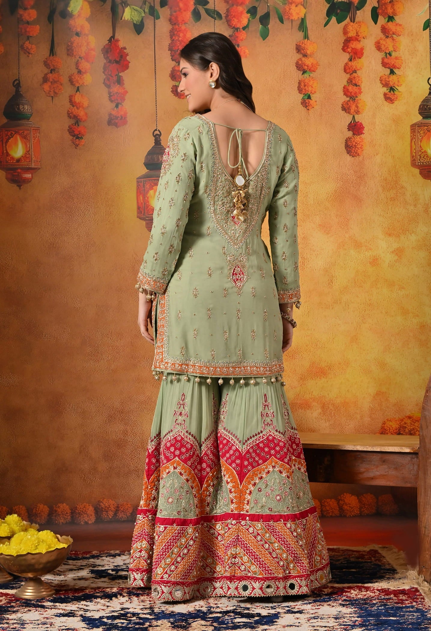 Green Gharara Set with Dabka, Zardozi, Thread, and Pearl Work.