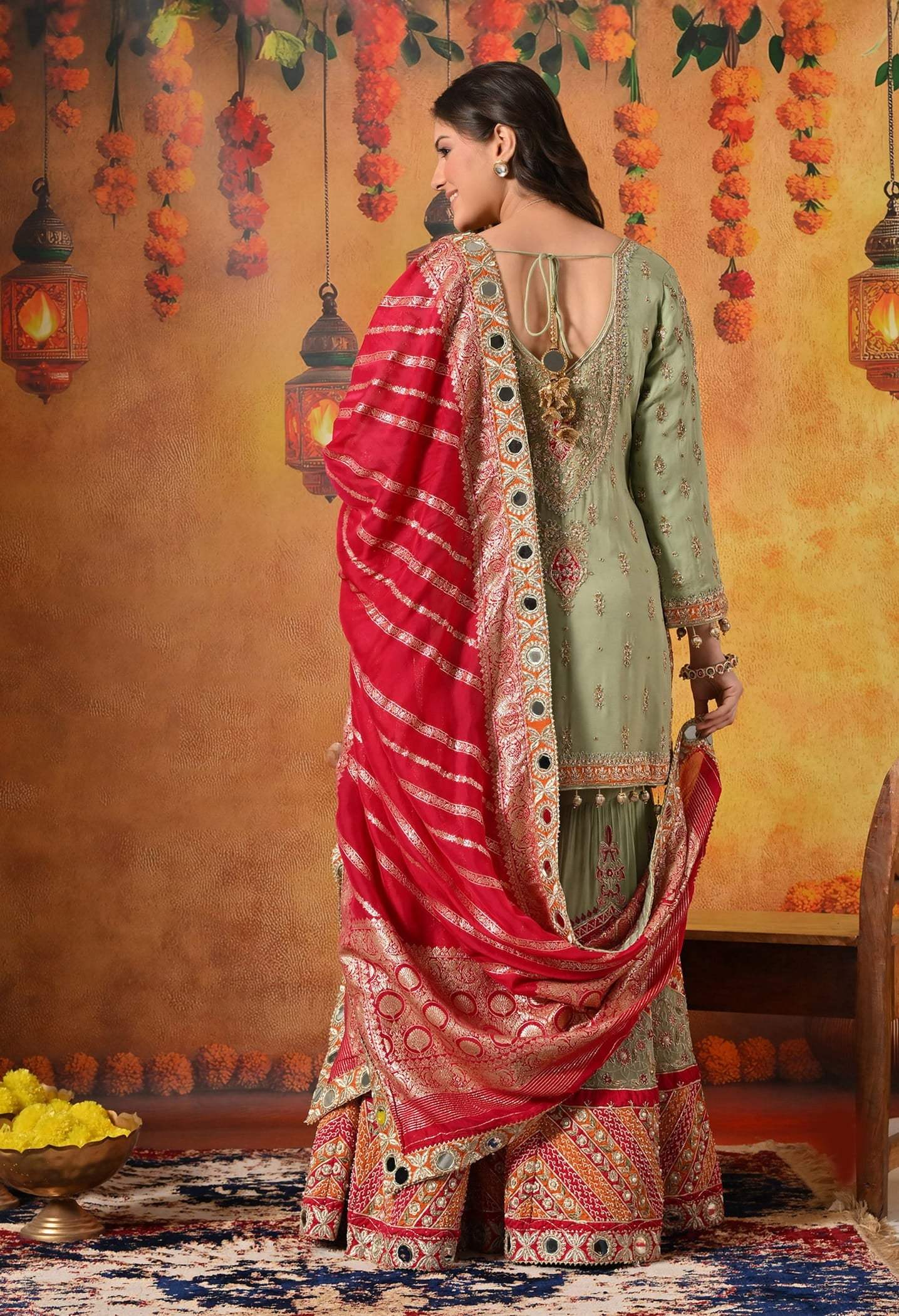 Green Gharara Set with Dabka, Zardozi, Thread, and Pearl Work.