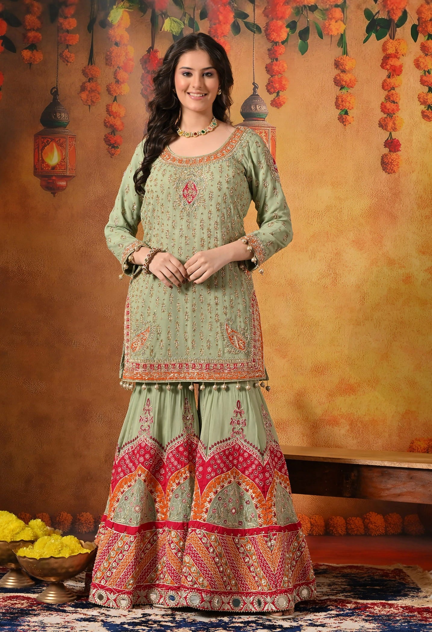 Green Gharara Set with Dabka, Zardozi, Thread, and Pearl Work.