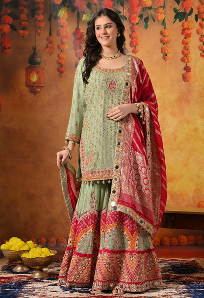Green Gharara Set with Dabka, Zardozi, Thread, and Pearl Work.