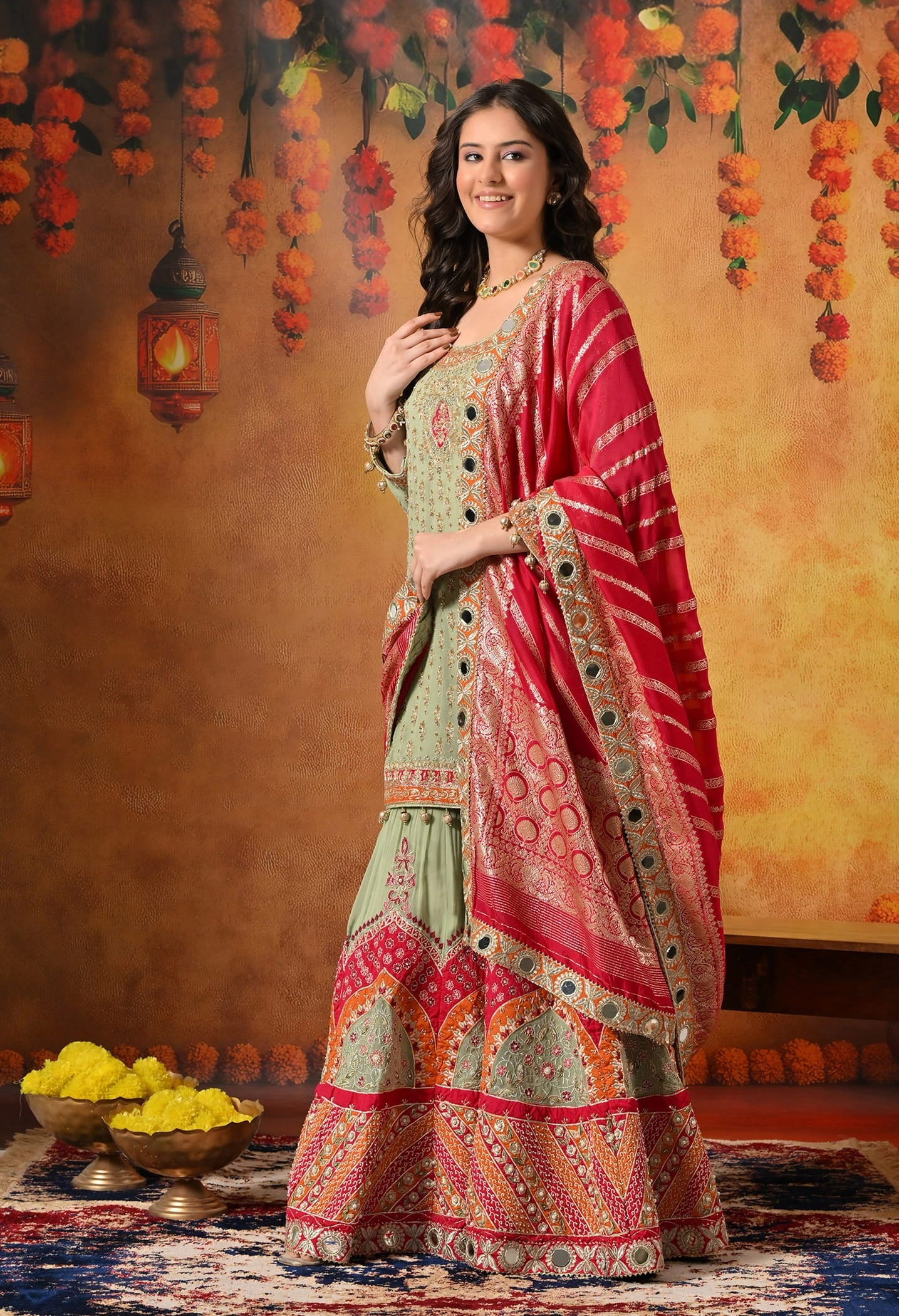 Green Gharara Set with Dabka, Zardozi, Thread, and Pearl Work.