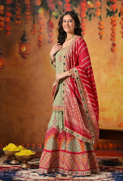 Green Gharara Set with Dabka, Zardozi, Thread, and Pearl Work.