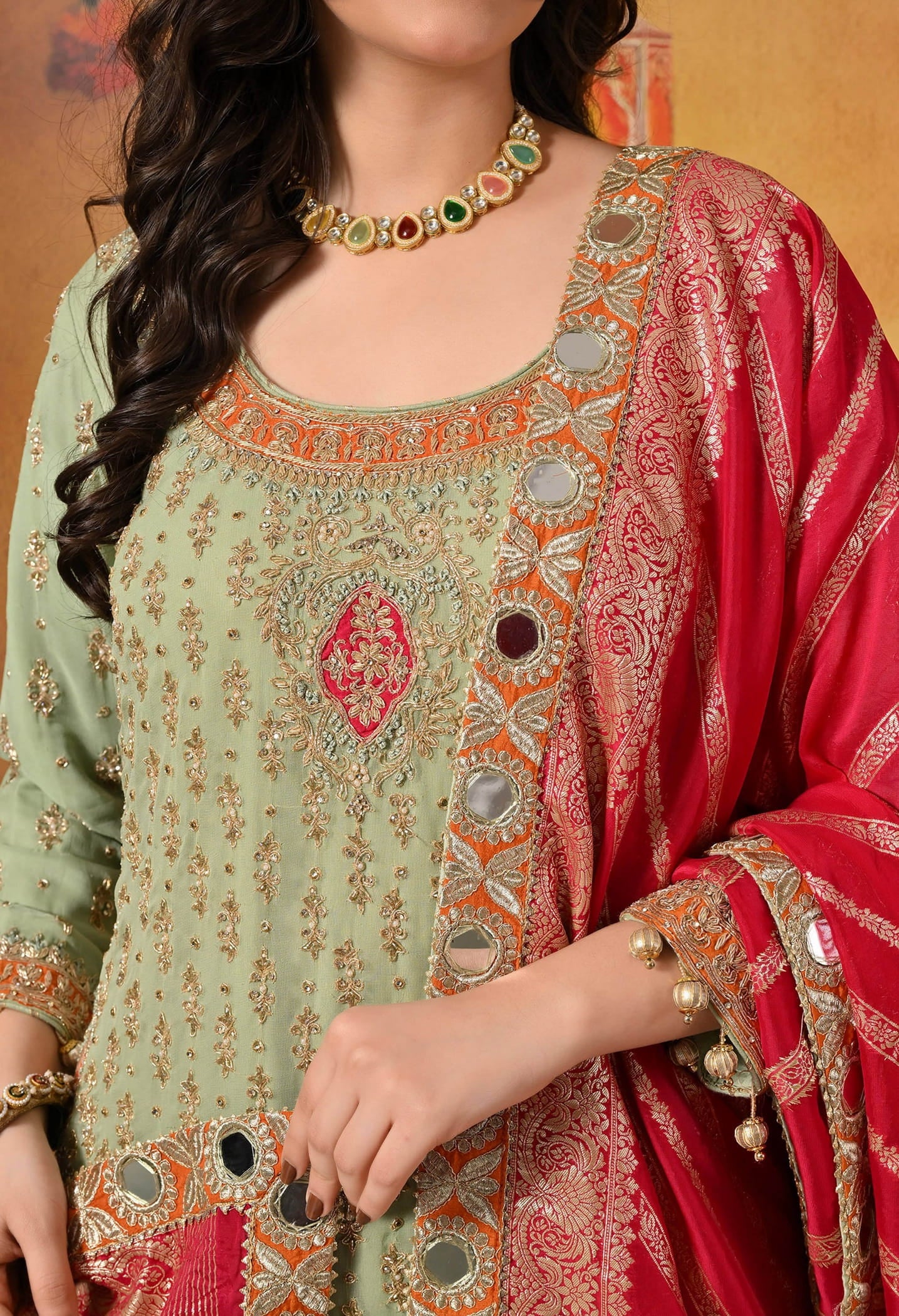 Green Gharara Set with Dabka, Zardozi, Thread, and Pearl Work.